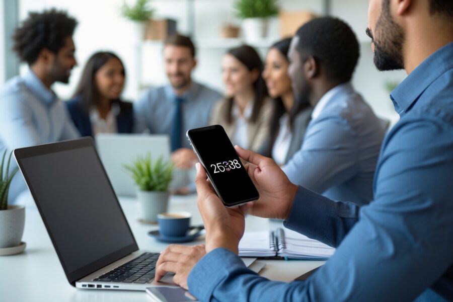 Pessoa segurando um smartphone com número de telefone borrado, em uma reunião de trabalho com outras pessoas ao redor de uma mesa.