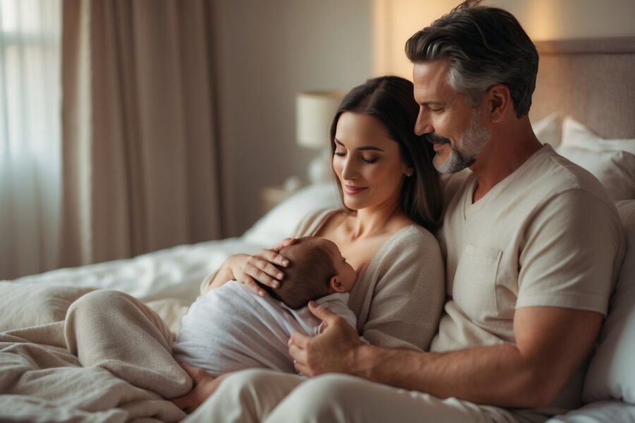Casal em um quarto aconchegante, mulher amamentando o marido adulto, ambos com expressões carinhosas e roupas confortáveis.