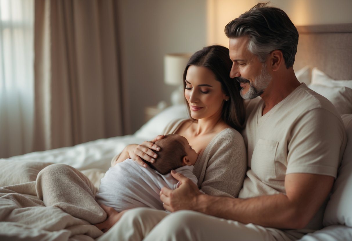 Casal em um quarto aconchegante, mulher amamentando o marido adulto, ambos com expressões carinhosas e roupas confortáveis.