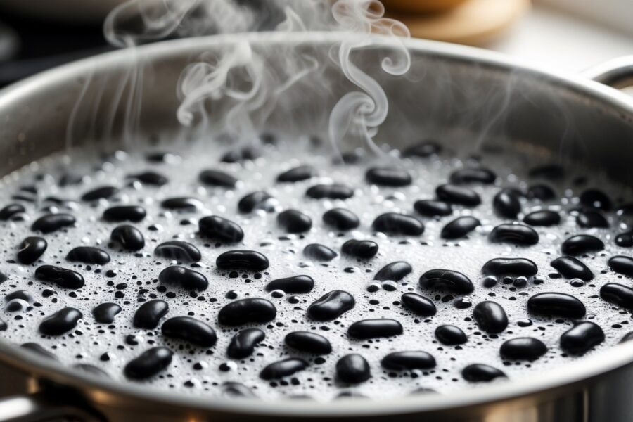 Feijão preto fervendo com espuma branca na superfície dentro de uma panela.