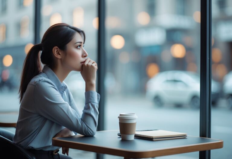 Mulher sentada sozinha em um café, olhando pensativa pela janela enquanto segura um celular na mão.
