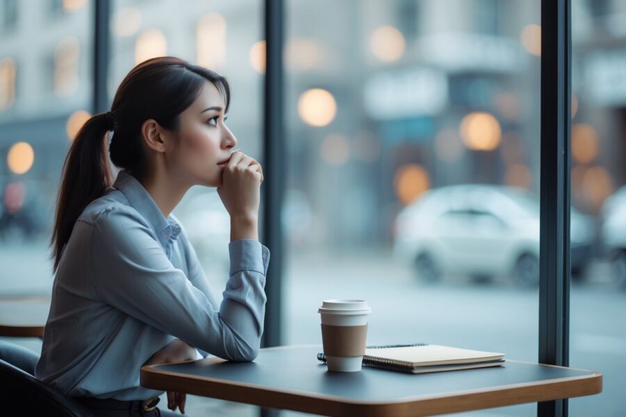 Mulher sentada sozinha em um café, olhando pensativa pela janela enquanto segura um celular na mão.