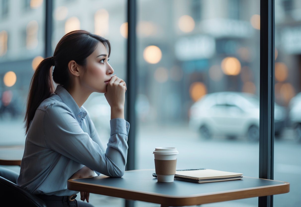 Mulher sentada sozinha em um café, olhando pensativa pela janela enquanto segura um celular na mão.