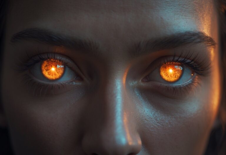 Close-up de olhos intensos e penetrantes com brilho quente e expressão poderosa.