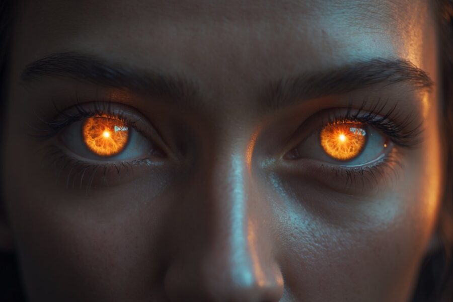 Close-up de olhos intensos e penetrantes com brilho quente e expressão poderosa.
