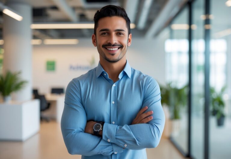 Homem brasileiro sorridente em escritório moderno, com postura aberta e amigável, pronto para ajudar.