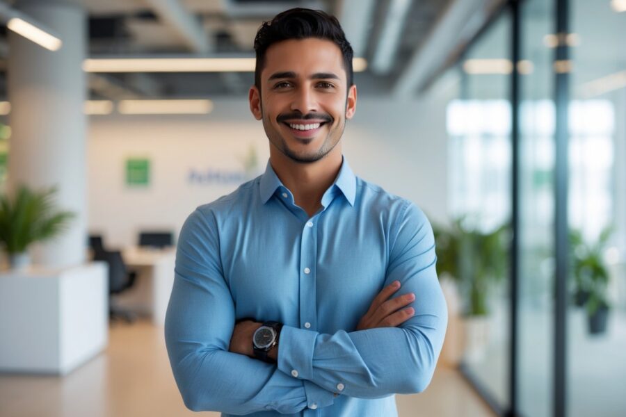 Homem brasileiro sorridente em escritório moderno, com postura aberta e amigável, pronto para ajudar.
