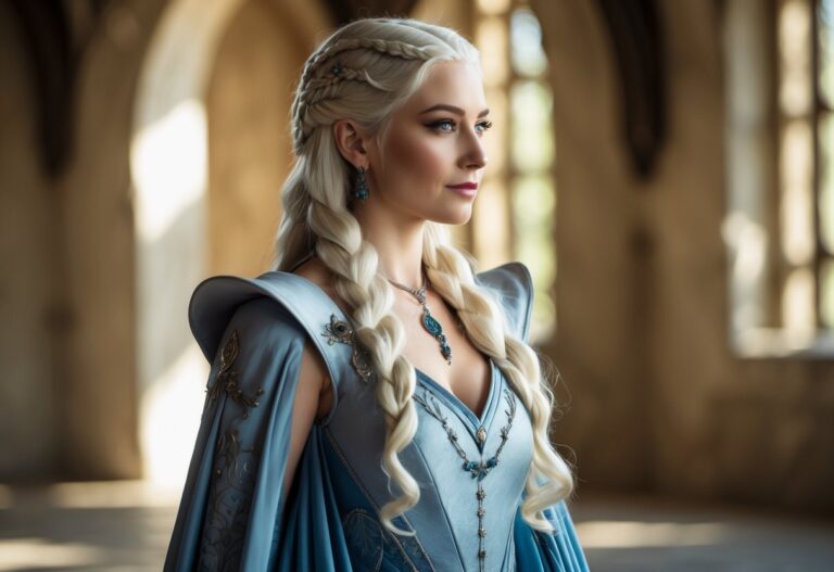 Mulher com cabelo longo e loiro platinado, vestindo um vestido elegante, em um ambiente que lembra o interior de um castelo.