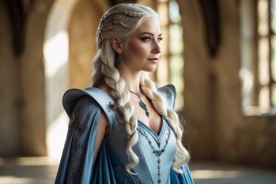 Mulher com cabelo longo e loiro platinado, vestindo um vestido elegante, em um ambiente que lembra o interior de um castelo.