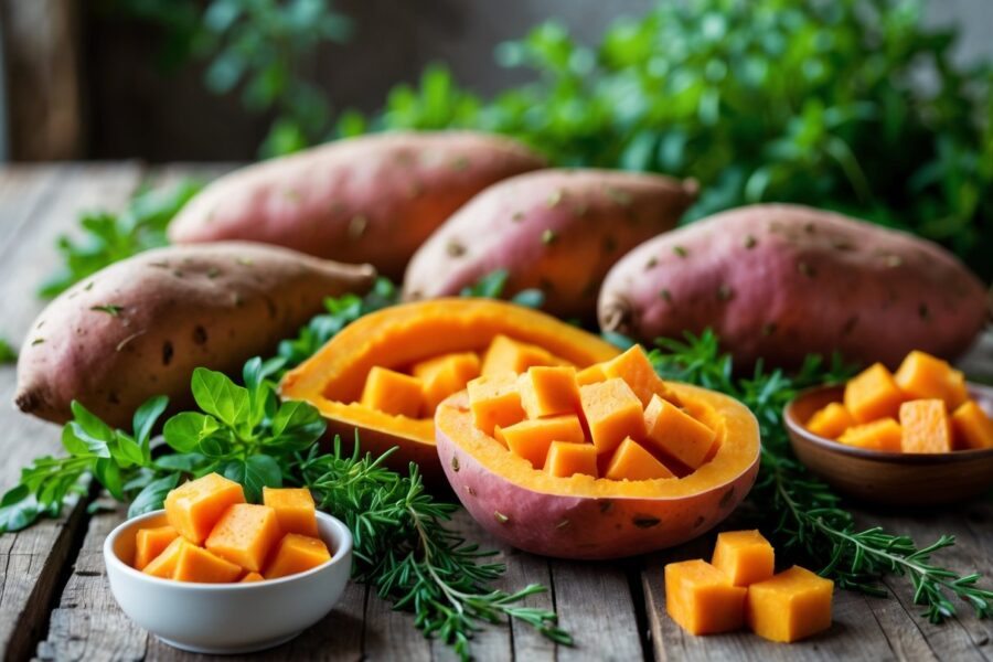 Batatas doces frescas inteiras e cortadas sobre uma mesa rústica com ervas verdes ao redor.
