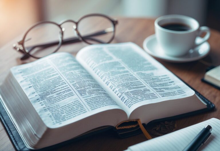 Uma Bíblia aberta sobre uma mesa de madeira com óculos, uma caneca e um caderno ao redor.
