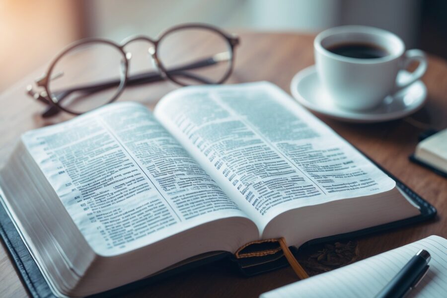 Uma Bíblia aberta sobre uma mesa de madeira com óculos, uma caneca e um caderno ao redor.