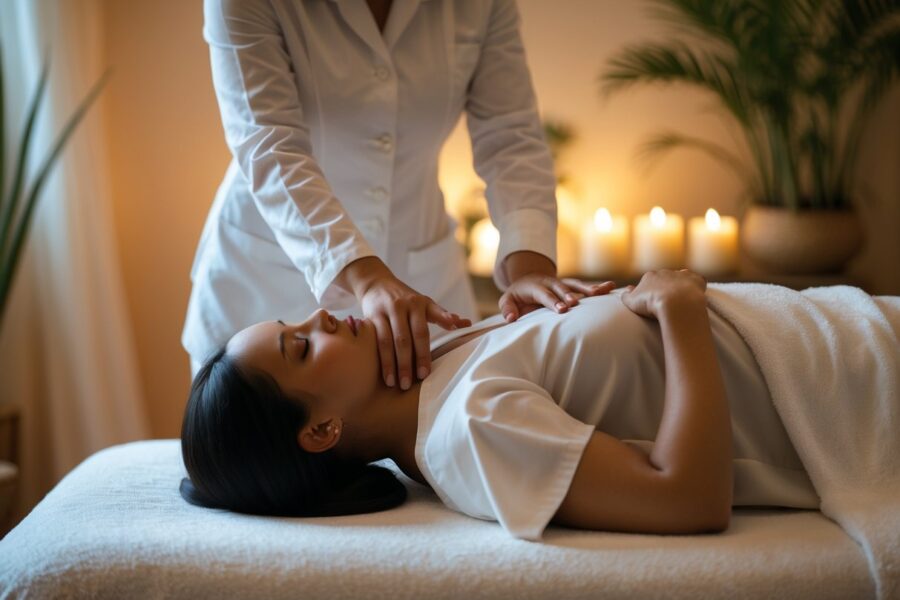 Terapeuta realizando massagem tântrica com toque final em cliente relaxado deitado em maca em ambiente tranquilo.