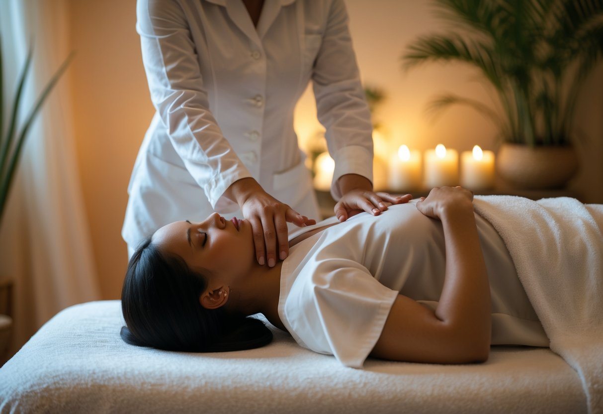 Terapeuta realizando massagem tântrica com toque final em cliente relaxado deitado em maca em ambiente tranquilo.