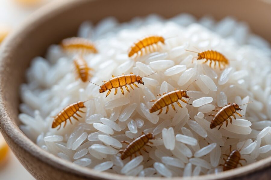 Tigela de arroz cozido com pequenas larvas visíveis sobre o arroz.