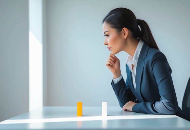 Pessoa pensativa diante de duas opções lado a lado em um ambiente de trabalho moderno e iluminado.