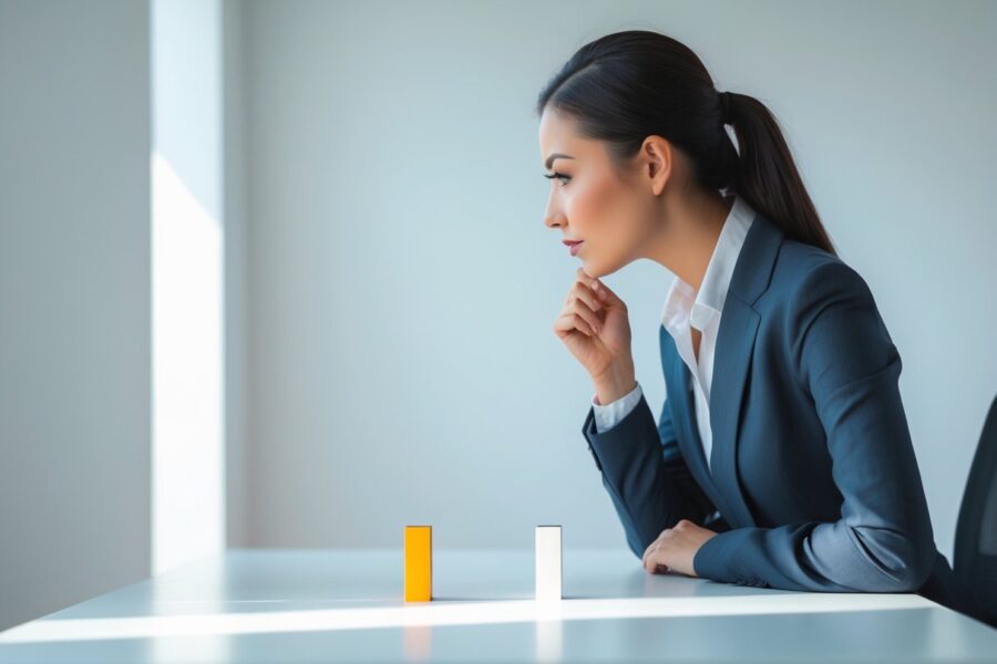 Pessoa pensativa diante de duas opções lado a lado em um ambiente de trabalho moderno e iluminado.