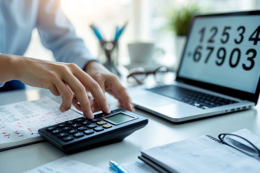 Mãos usando calculadora e caderno com números em uma mesa de trabalho com laptop e itens de escritório ao redor.
