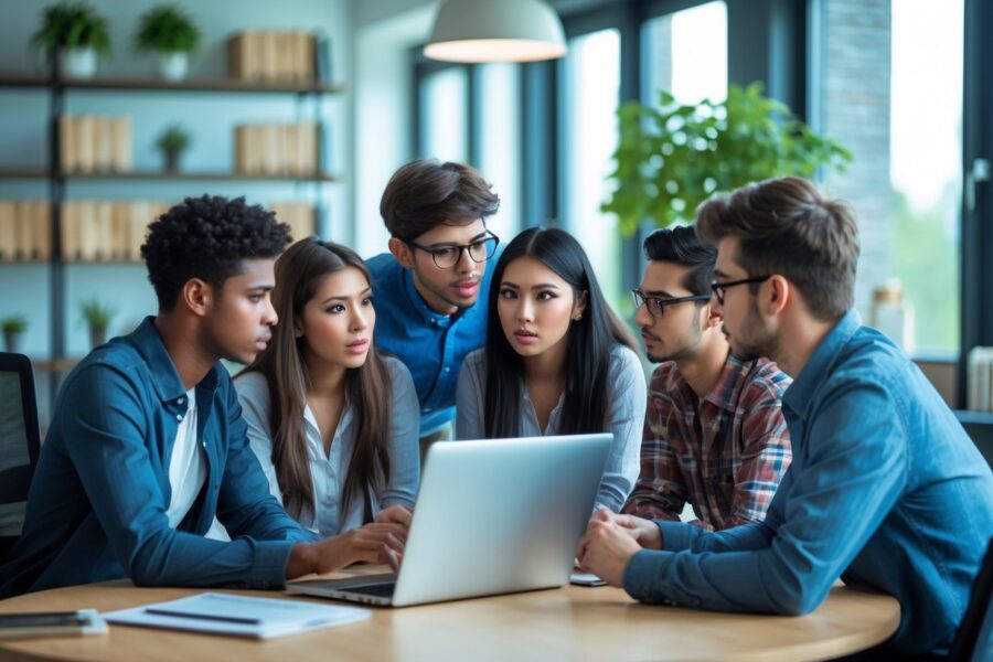 Grupo de jovens adultos discutindo e pesquisando em um escritório moderno e iluminado.