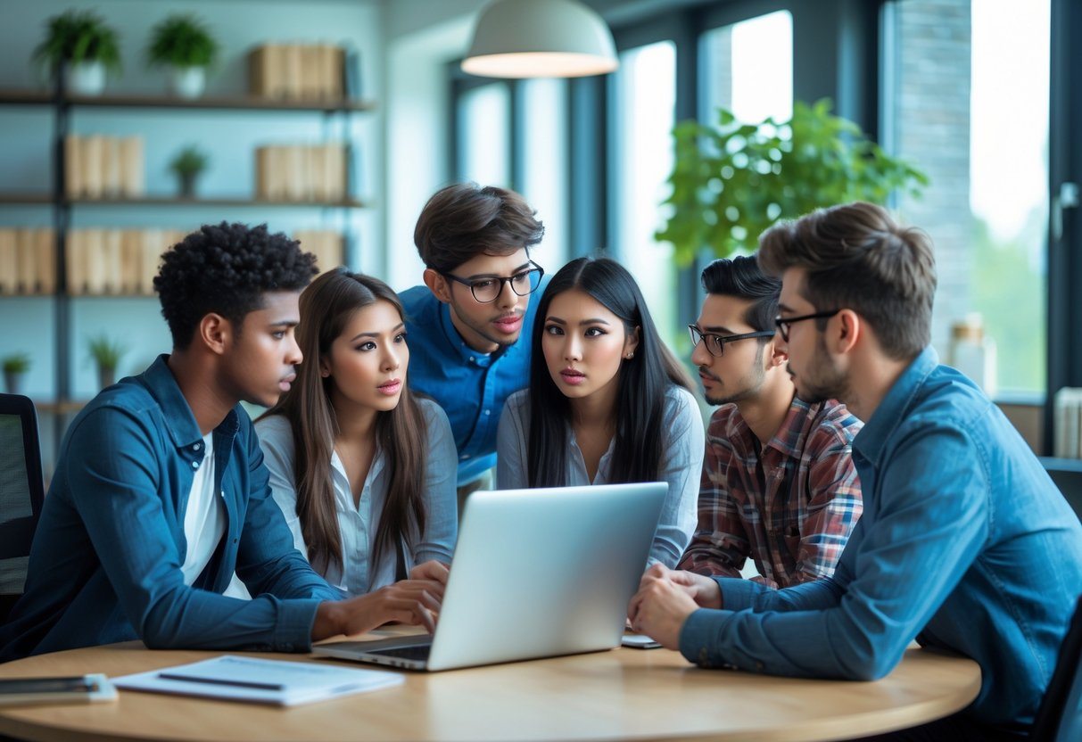 Grupo de jovens adultos discutindo e pesquisando em um escritório moderno e iluminado.