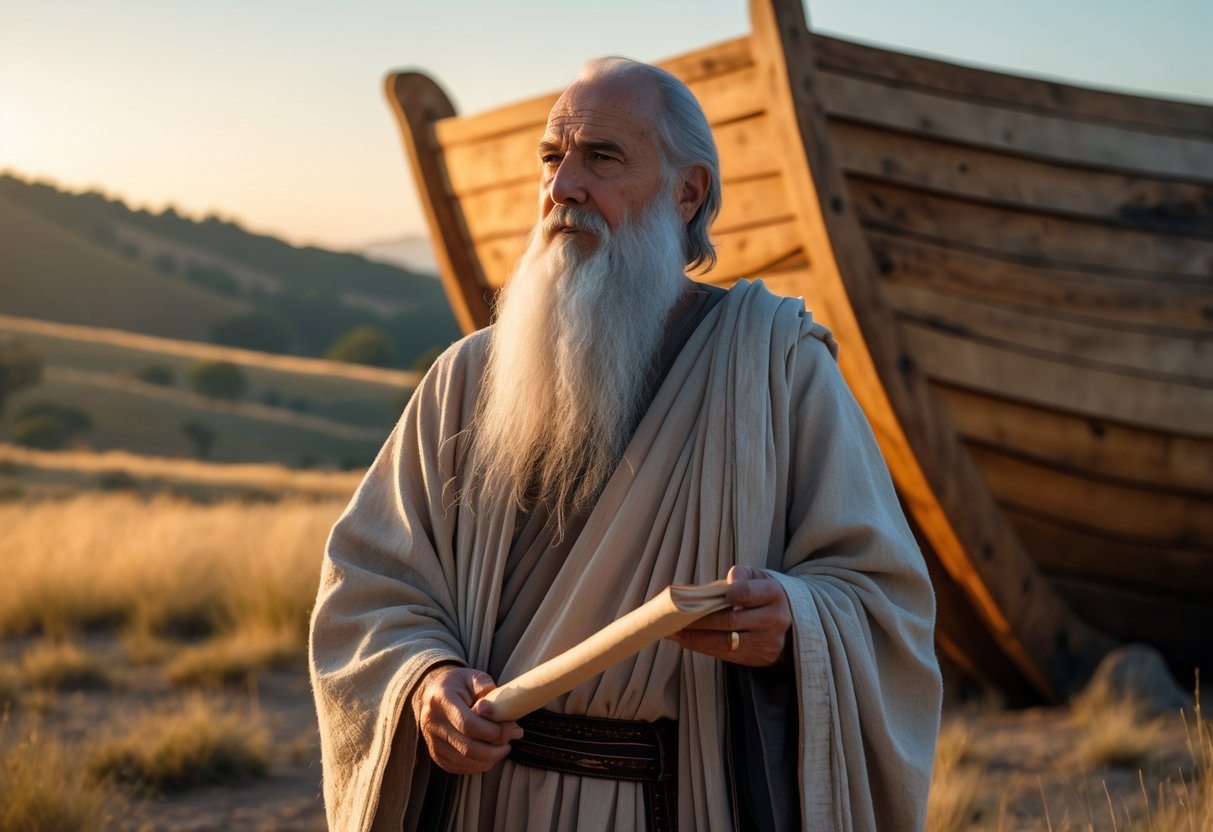 Homem idoso com barba branca em pé perto de uma grande arca de madeira ao pôr do sol.