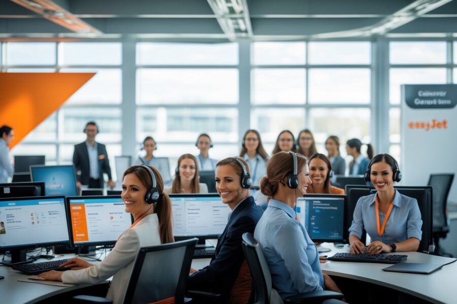 Atendentes de serviço ao cliente em um centro de suporte de companhia aérea, trabalhando em computadores com headsets, em um escritório iluminado e moderno.