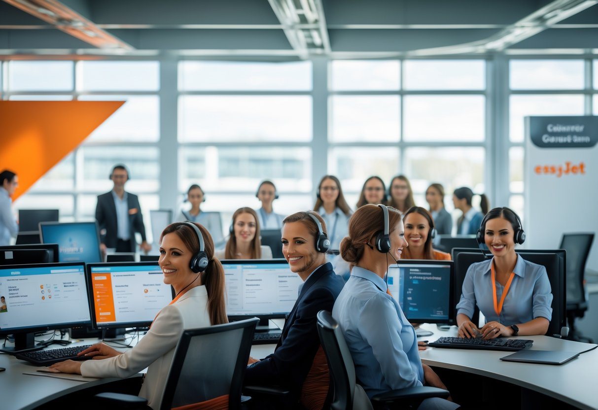 Atendentes de serviço ao cliente em um centro de suporte de companhia aérea, trabalhando em computadores com headsets, em um escritório iluminado e moderno.