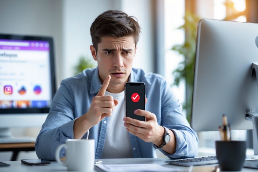 Pessoa sentada em uma mesa de trabalho moderna, olhando frustrada para um celular com um símbolo de erro na tela, com um computador ao fundo mostrando a interface do Instagram desfocada.