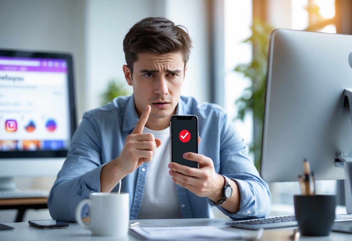 Pessoa sentada em uma mesa de trabalho moderna, olhando frustrada para um celular com um símbolo de erro na tela, com um computador ao fundo mostrando a interface do Instagram desfocada.