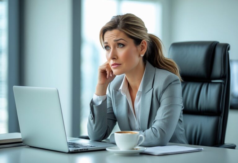 Mulher de negócios pensativa sentada em uma mesa de escritório moderno, olhando com expressão de dúvida.