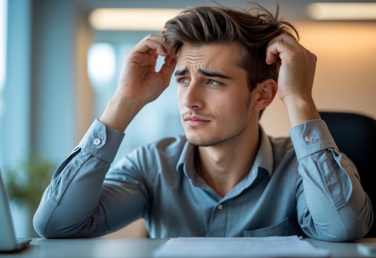 Homem jovem puxando o cabelo com expressão pensativa e levemente estressada em um escritório moderno.