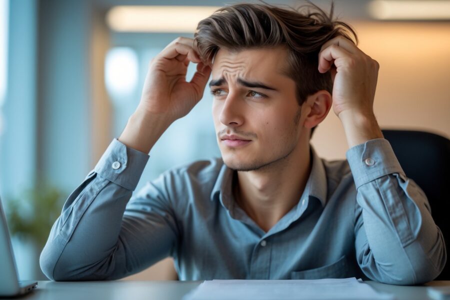 Homem jovem puxando o cabelo com expressão pensativa e levemente estressada em um escritório moderno.
