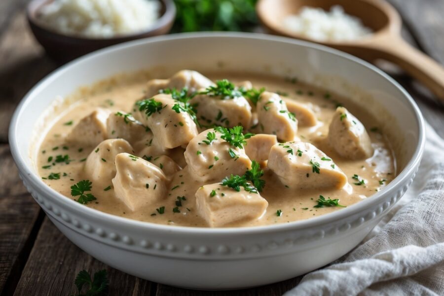 Prato de estrogonofe de frango cremoso servido em uma tigela branca sobre uma mesa de madeira.