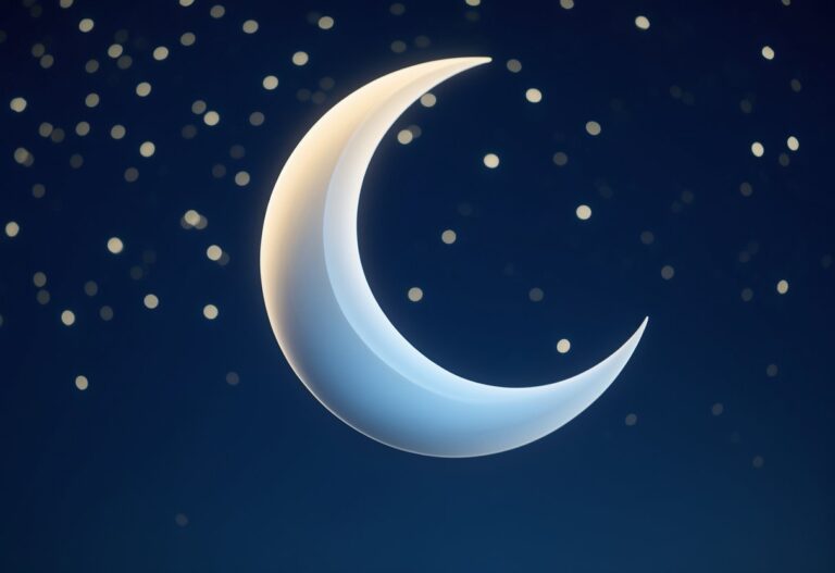 Um emoji de lua crescente brilhando suavemente contra um céu noturno azul escuro com estrelas ao fundo.