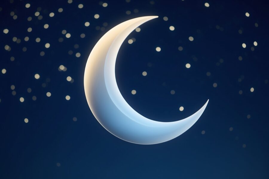 Um emoji de lua crescente brilhando suavemente contra um céu noturno azul escuro com estrelas ao fundo.