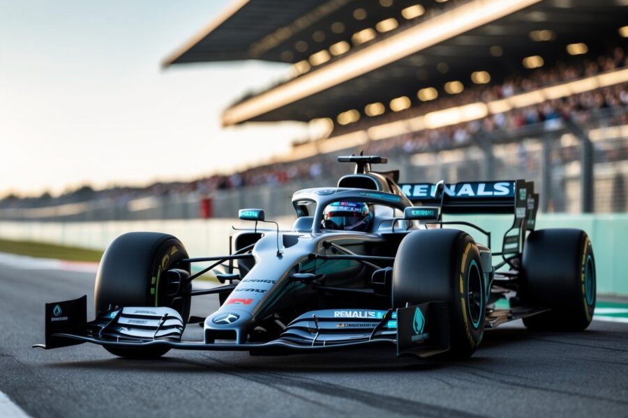 Carro de corrida Mercedes-Benz em pista de corrida com detalhes do motor Renault.