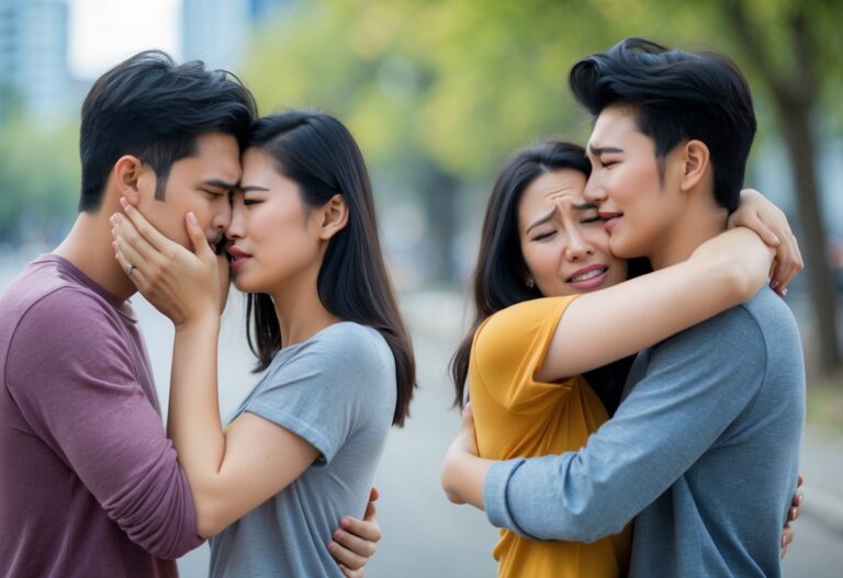 Um casal jovem em um parque, mostrando momentos de briga e reconciliação emocional.