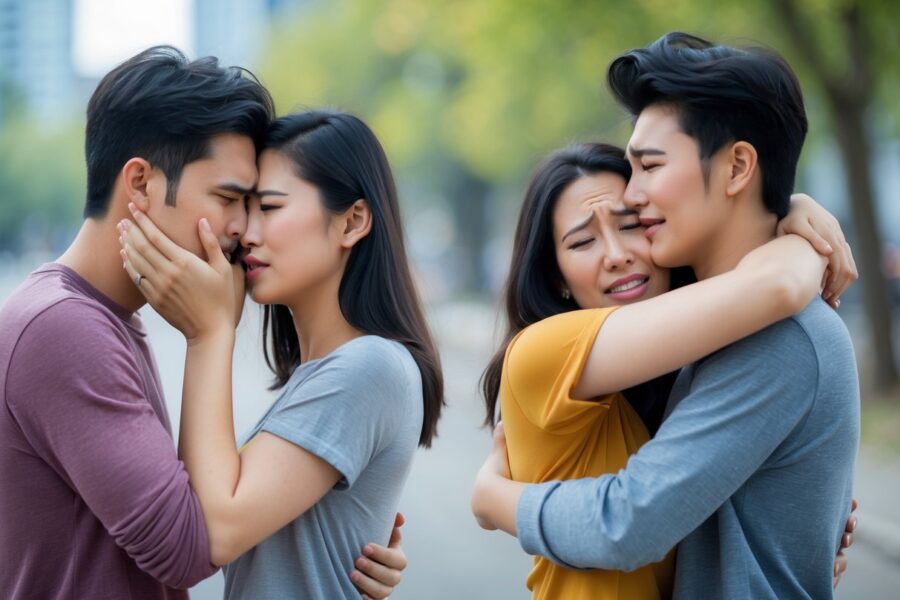 Um casal jovem em um parque, mostrando momentos de briga e reconciliação emocional.