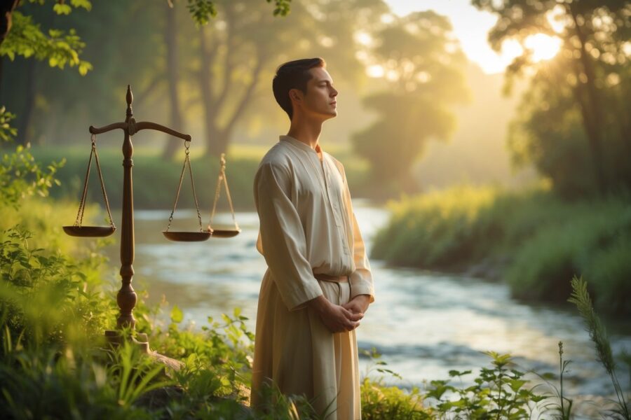 Pessoa serena em um cenário natural ao nascer do sol, transmitindo paz e integridade moral, com elementos que simbolizam justiça e pureza ao redor.