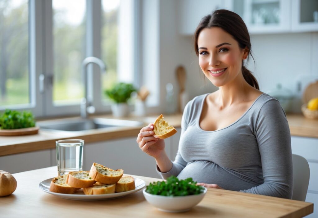 Mulher grávida sentada à mesa da cozinha segurando um pedaço de pão de alho, com um prato de pão de alho sobre a mesa