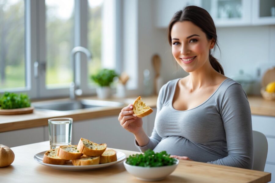 Mulher grávida sentada à mesa da cozinha segurando um pedaço de pão de alho, com um prato de pão de alho sobre a mesa