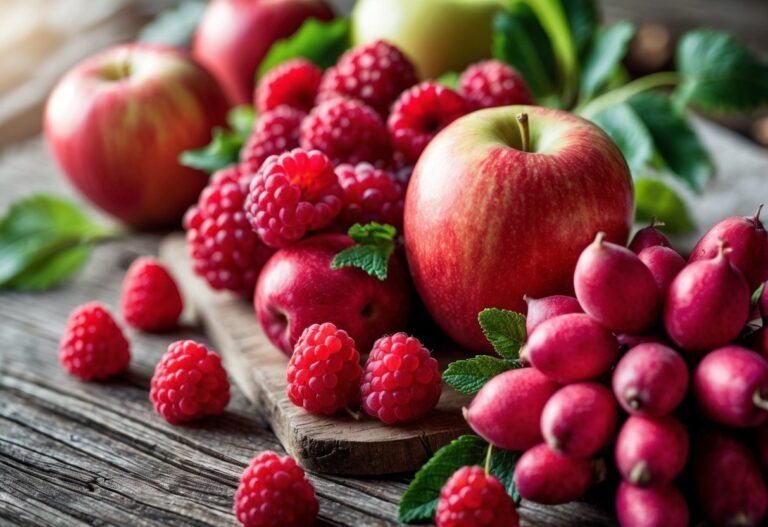 Uma variedade de frutas vermelhas frescas, incluindo framboesas, maçãs, uvas e rabanetes, dispostas sobre uma superfície de madeira.