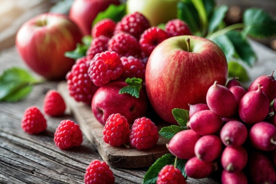 Uma variedade de frutas vermelhas frescas, incluindo framboesas, maçãs, uvas e rabanetes, dispostas sobre uma superfície de madeira.