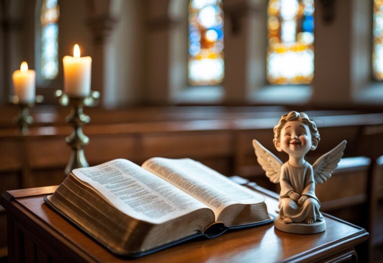 Interior de igreja com uma Bíblia aberta sobre um púlpito de madeira e uma pequena estátua de anjo criança com expressão brincalhona em um banco próximo.
