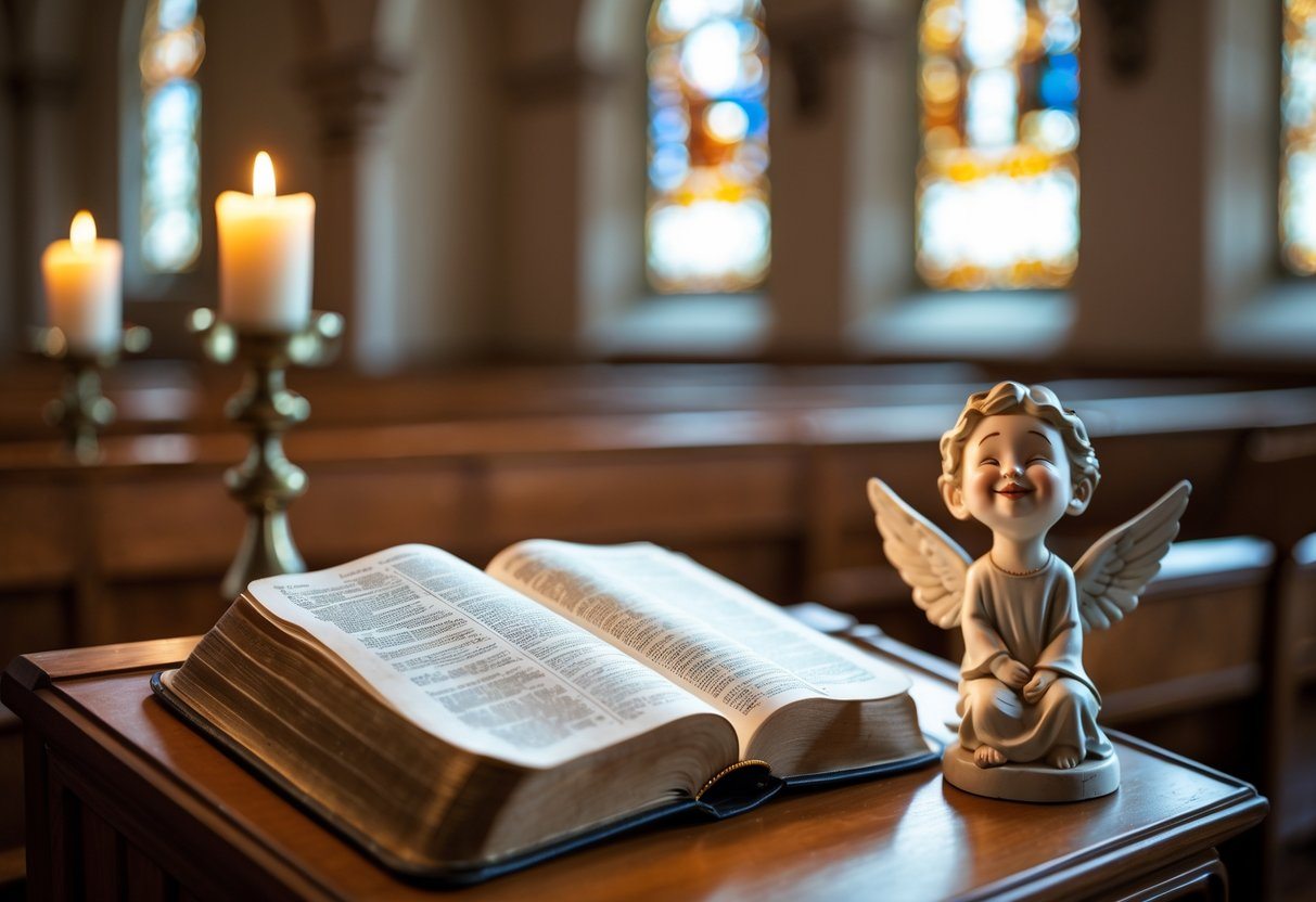Interior de igreja com uma Bíblia aberta sobre um púlpito de madeira e uma pequena estátua de anjo criança com expressão brincalhona em um banco próximo.