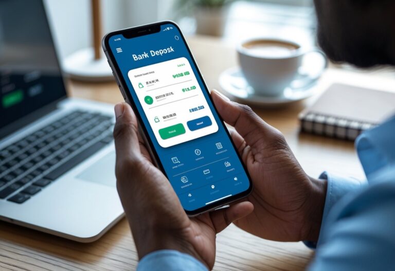 Pessoa usando um smartphone para fazer um depósito bancário em um ambiente doméstico moderno.