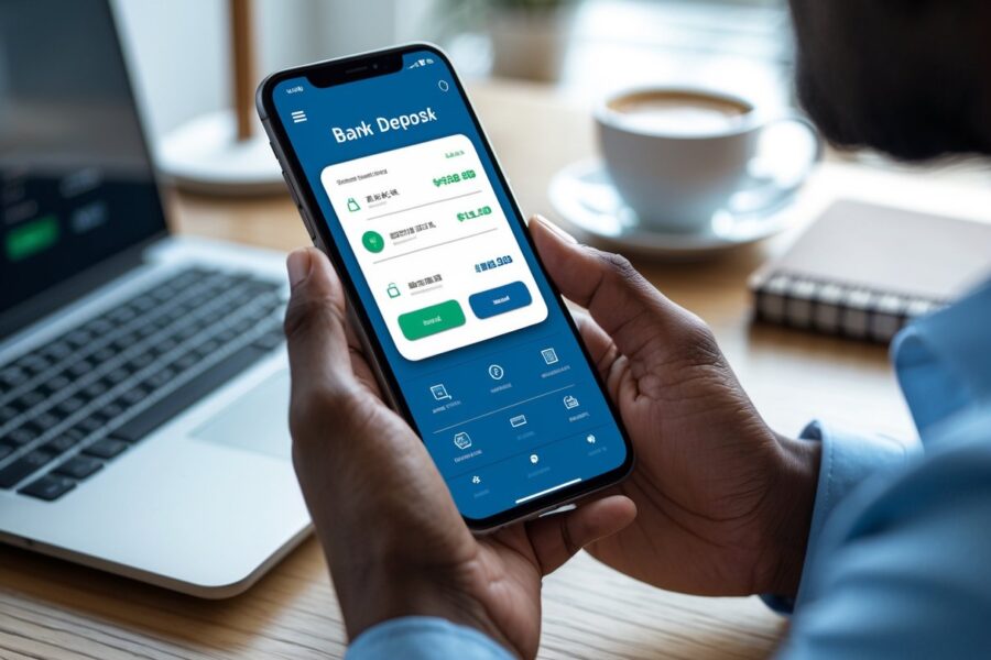 Pessoa usando um smartphone para fazer um depósito bancário em um ambiente doméstico moderno.