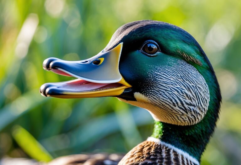 Cabeça de um pato com o bico em destaque, em um ambiente natural com fundo verde desfocado.