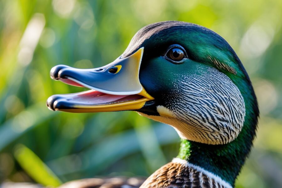 Cabeça de um pato com o bico em destaque, em um ambiente natural com fundo verde desfocado.