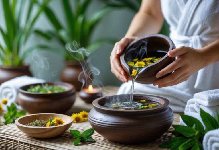 Pessoa recebendo um banho de ervas em um ambiente de spa tranquilo com plantas e toalhas brancas.